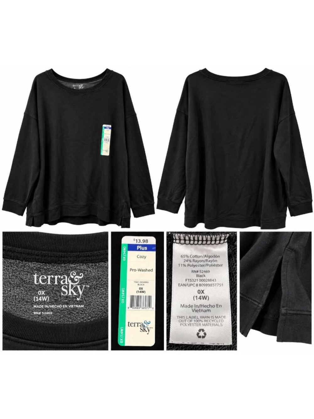 Terra & Sky Women’s Plus Size 0X 14W Black Long Sleeve Crew Neck Sweatshirt skuN